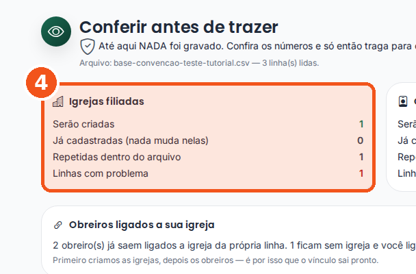 Quadro Igrejas filiadas com Serão criadas 1, Repetidas dentro do arquivo 1 e Linhas com problema 1