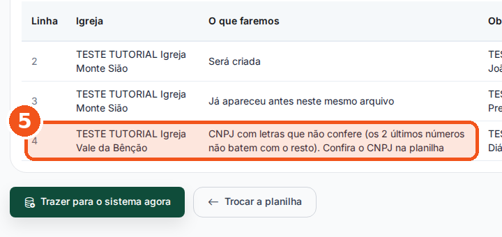 Amostra da planilha: a linha 4 diz CNPJ com letras que não confere