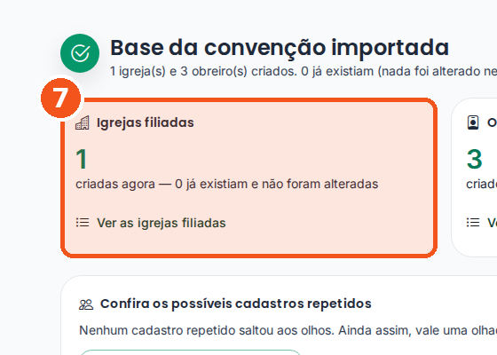 Resultado: Igrejas filiadas, 1 criada agora, com o link Ver as igrejas filiadas