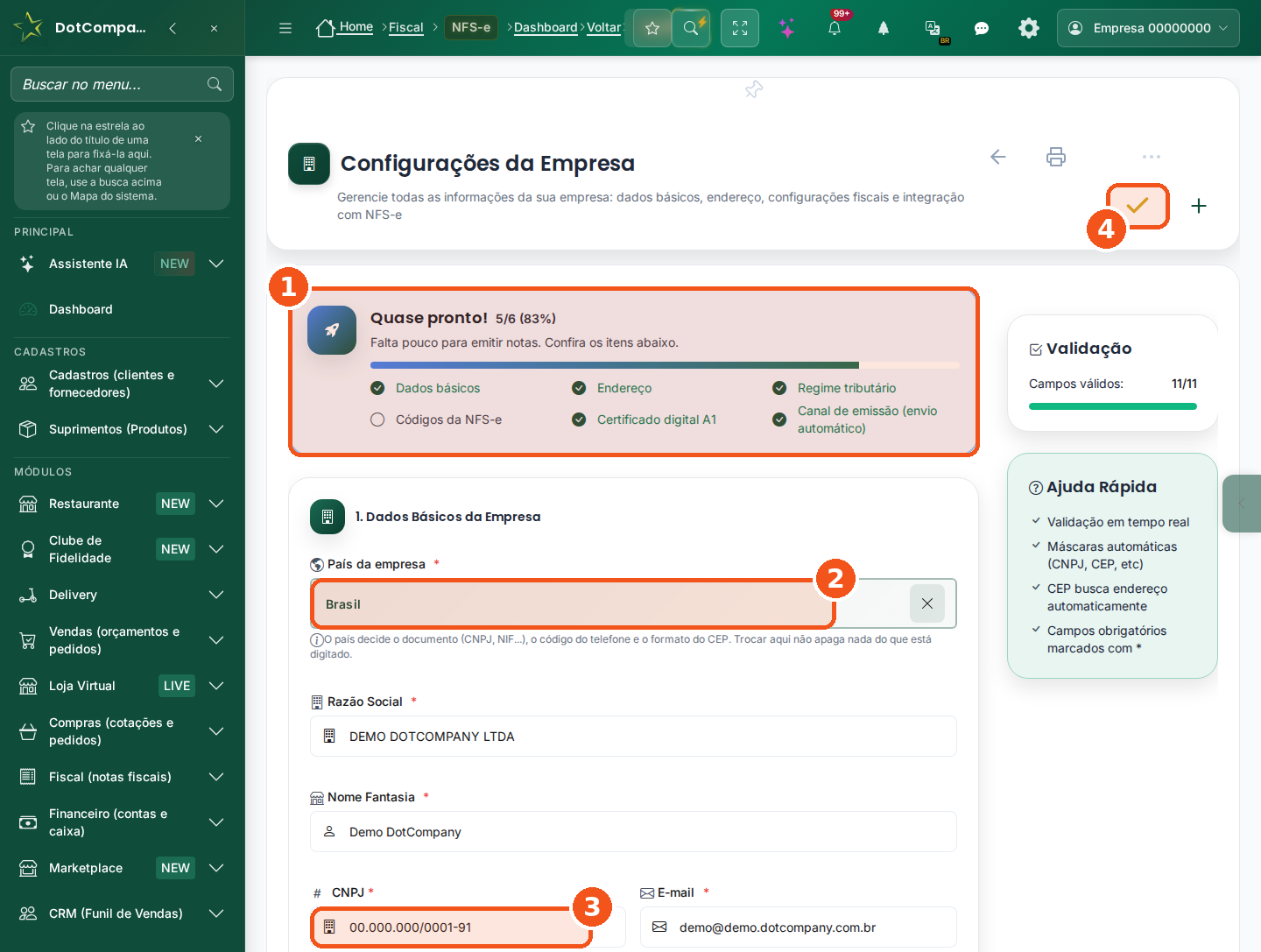 Tela Configurações da Empresa com o quadro Quase pronto!, o País da empresa, o CNPJ e o botão de salvar