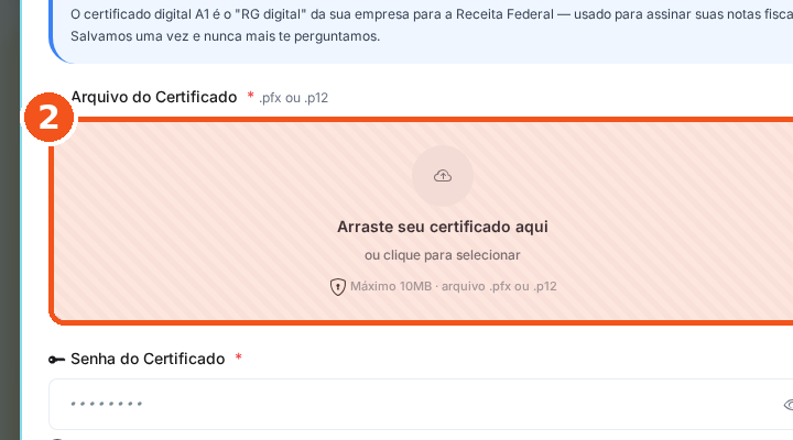 Clique na caixa e escolha o arquivo .pfx da empresa.