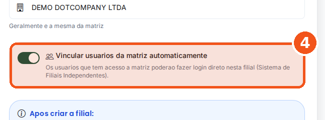 Só se precisar: desligue a chave Vincular usuarios da matriz automaticamente.