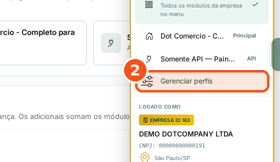 Clique em Gerenciar perfis. Se a empresa tem um perfil só, o nome é Perfis da empresa.
