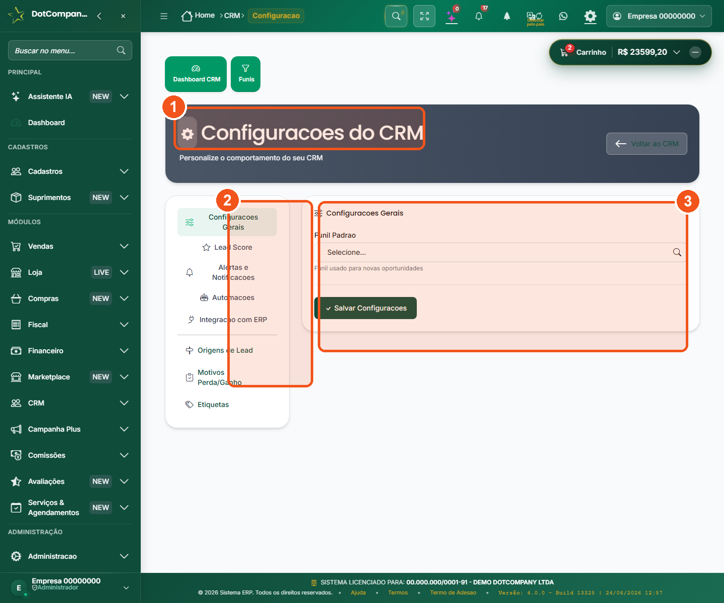 Tela de configurações do CRM