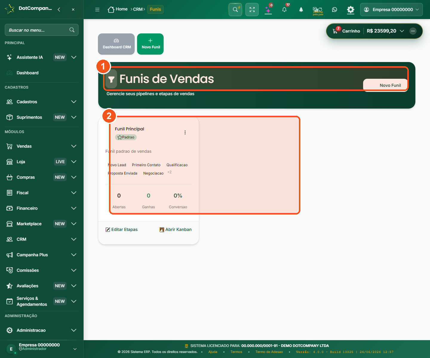 Tela de funis de vendas