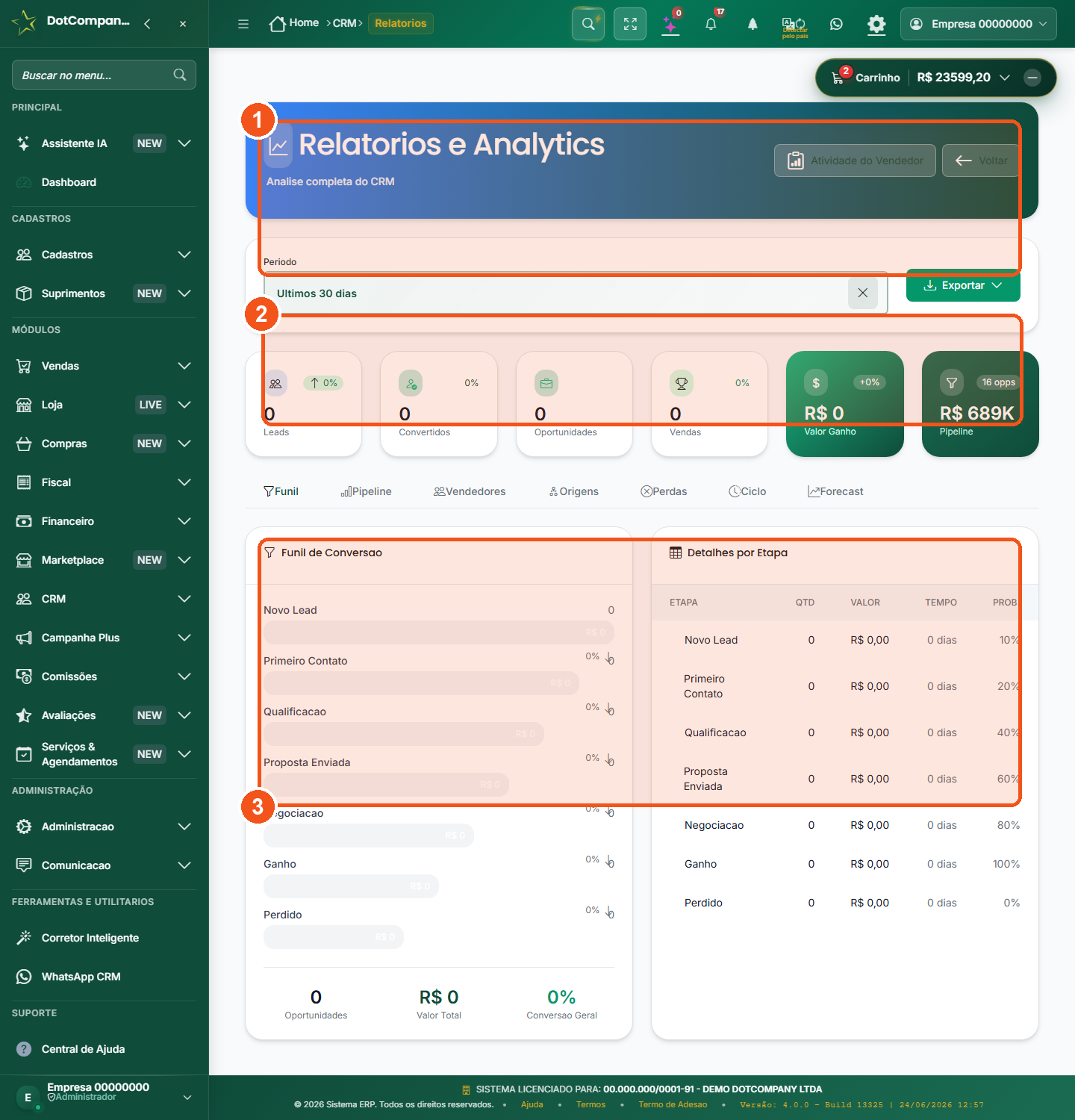 Tela de relatórios do CRM
