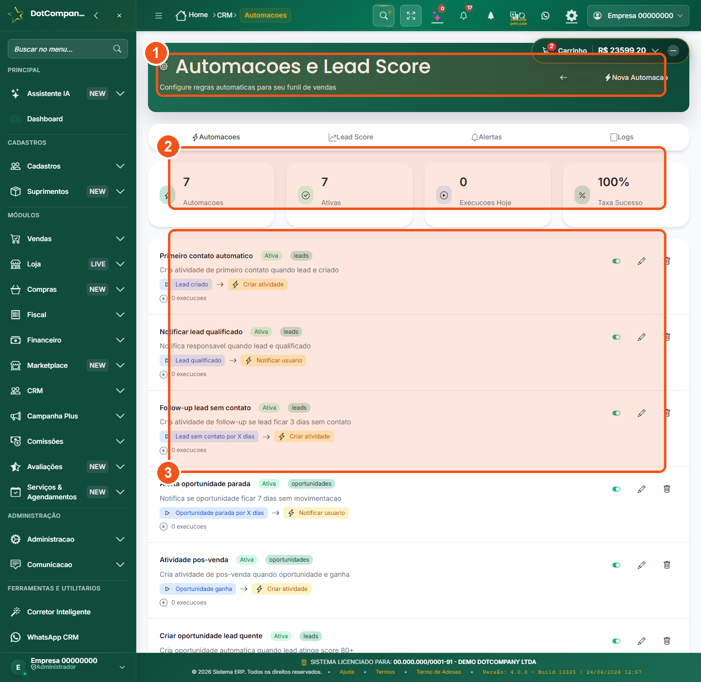 Tela de automações