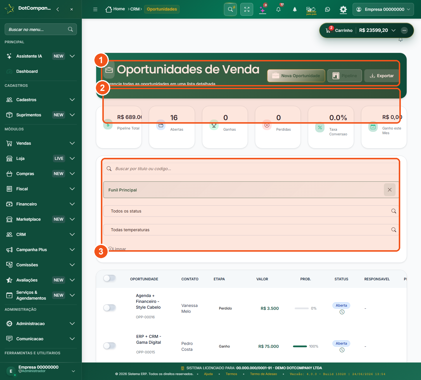 Lista de oportunidades de venda