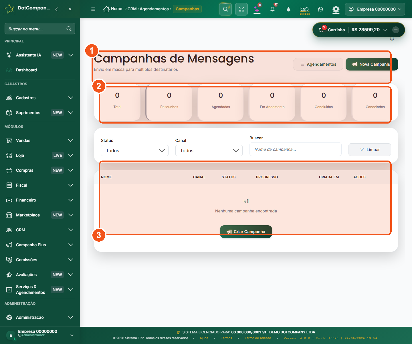 Tela de campanhas