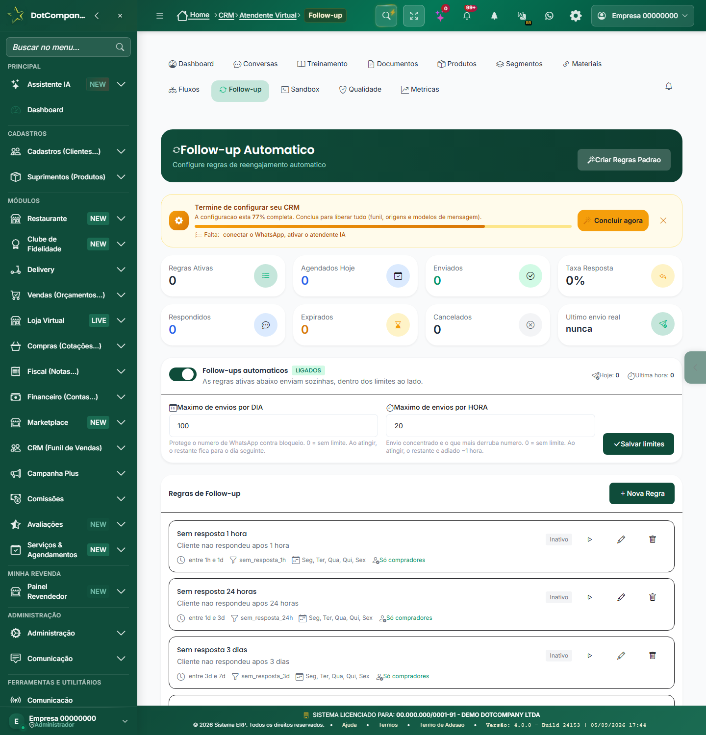 Follow-up Automático: alavanca Follow-ups automáticos LIGADOS, Máximo de envios por DIA e por HORA, Salvar limites e a lista Regras de Follow-up com a faixa (entre 1h e 1d) e os dias da semana de cada regra
