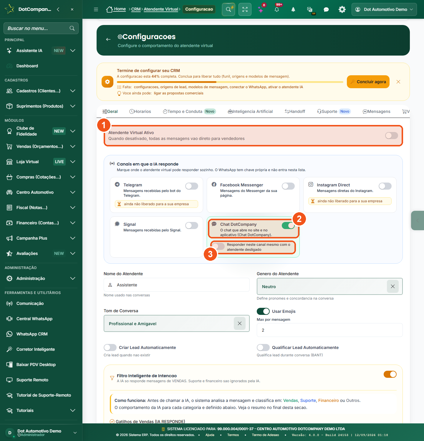 Configurações do Atendente com o cartão Chat DotCompany ligado