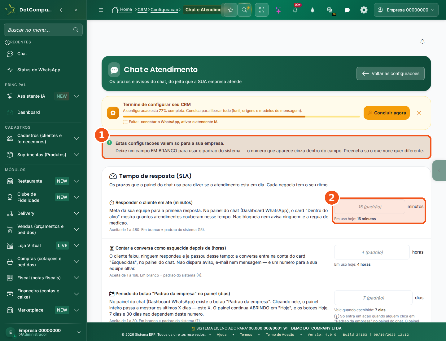 Tela Chat e Atendimento: aviso de que as configurações valem só para a sua empresa e o campo Responder o cliente em até (minutos) com o padrão 15 em cinza e Em uso hoje 15 minutos