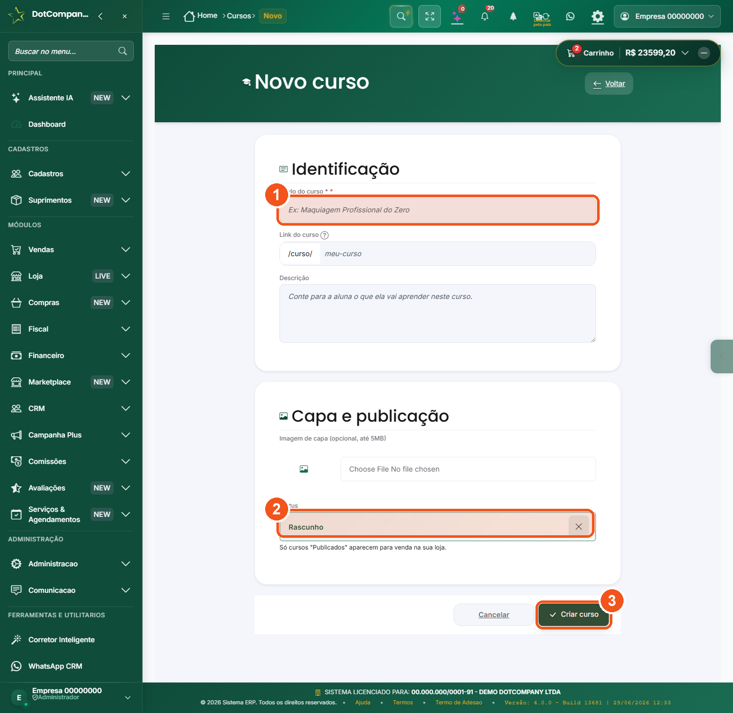 Formulário de novo curso com os campos Título, Link, Descrição, Capa e Status