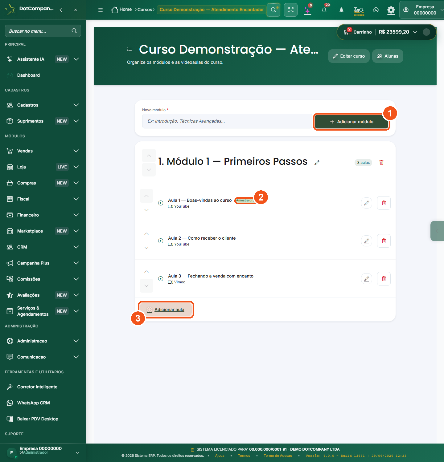 Tela de conteúdo do curso com um módulo, três aulas e os botões de adicionar