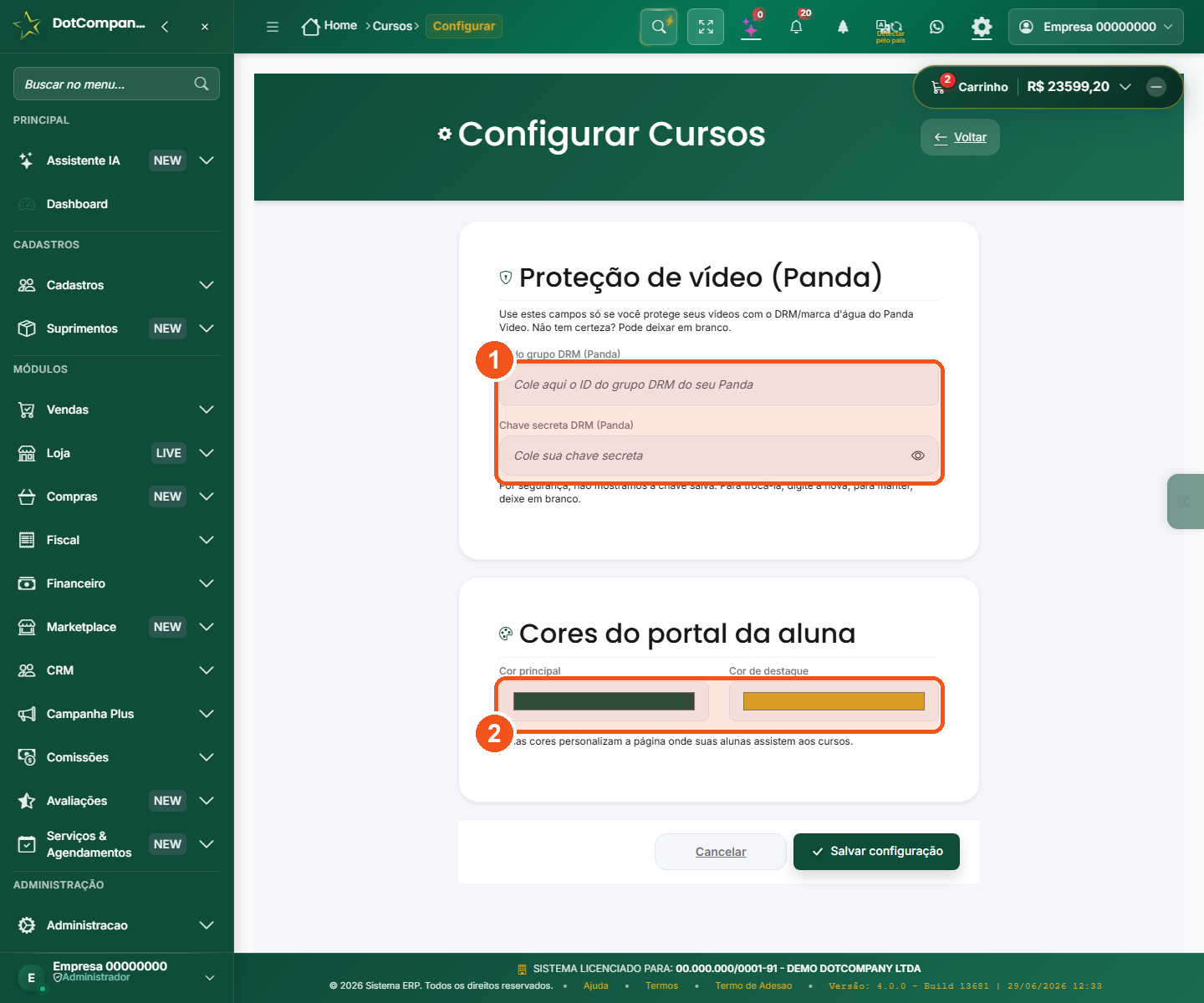 Tela de configurações com os campos de proteção Panda (DRM) e as cores do portal da aluna