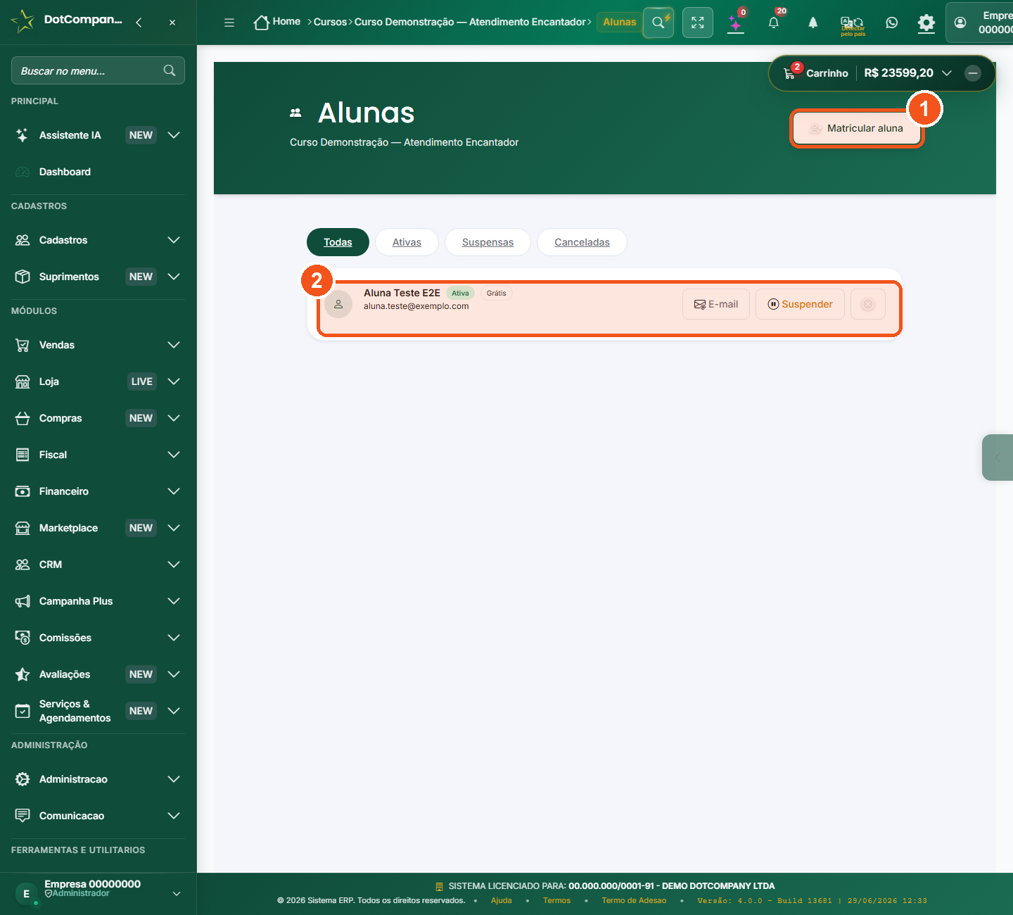 Tela de alunas do curso com o botão Matricular aluna e a lista de alunas