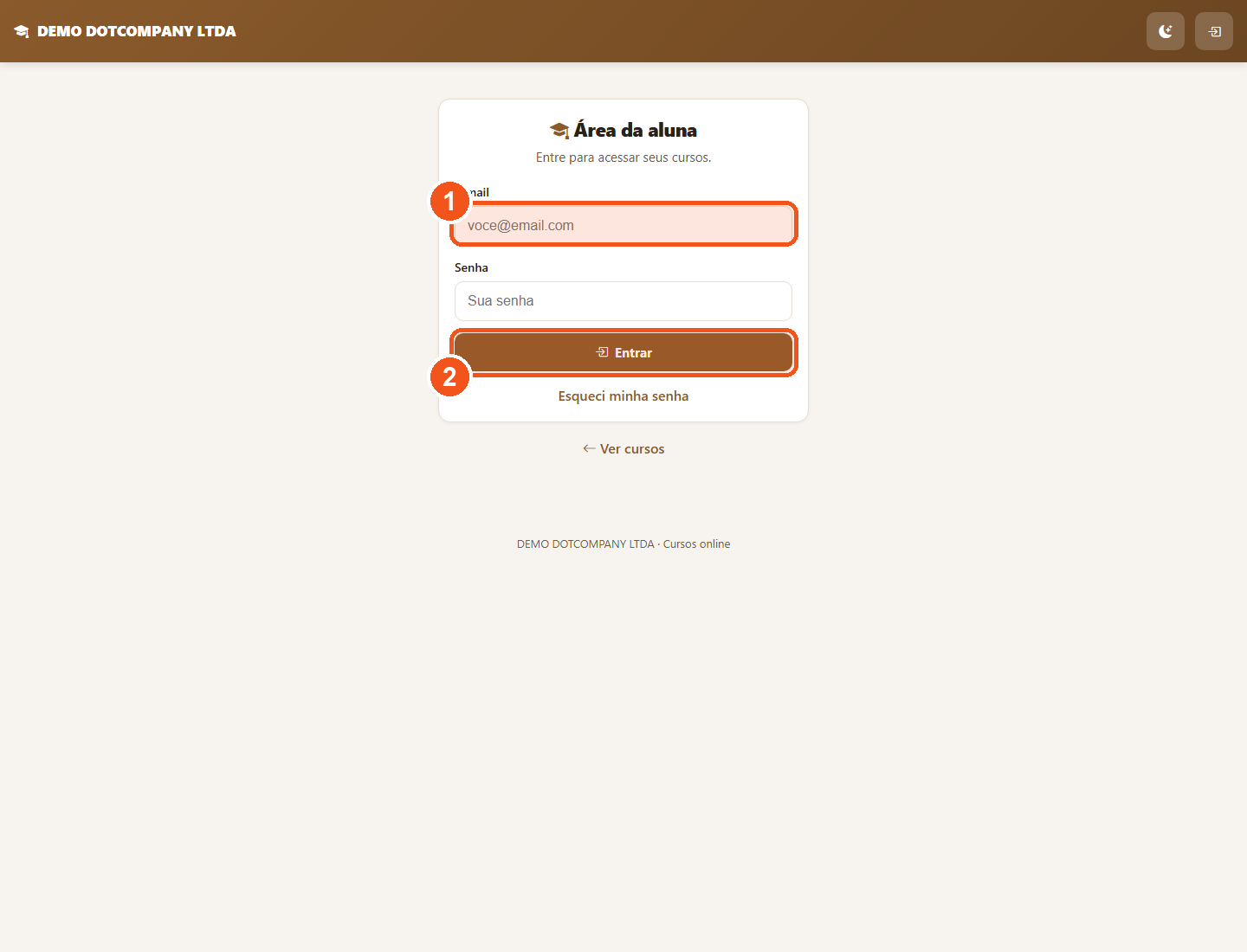 Tela de login da área da aluna com os campos de e-mail, senha e o botão Entrar