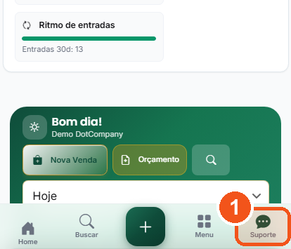 No celular, toque em Suporte, na barra de baixo.