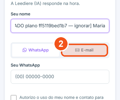 Escolha WhatsApp ou E-mail.