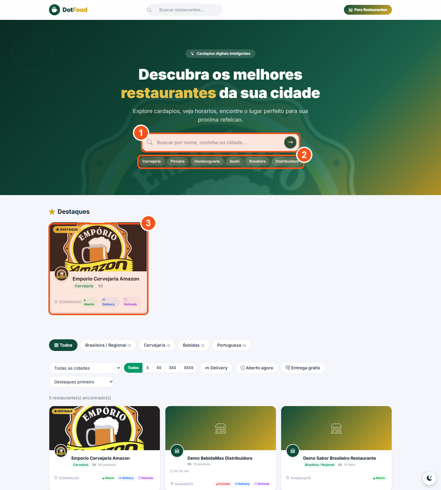Vitrine do DotFood com busca, atalhos de cozinha e cartões de restaurantes