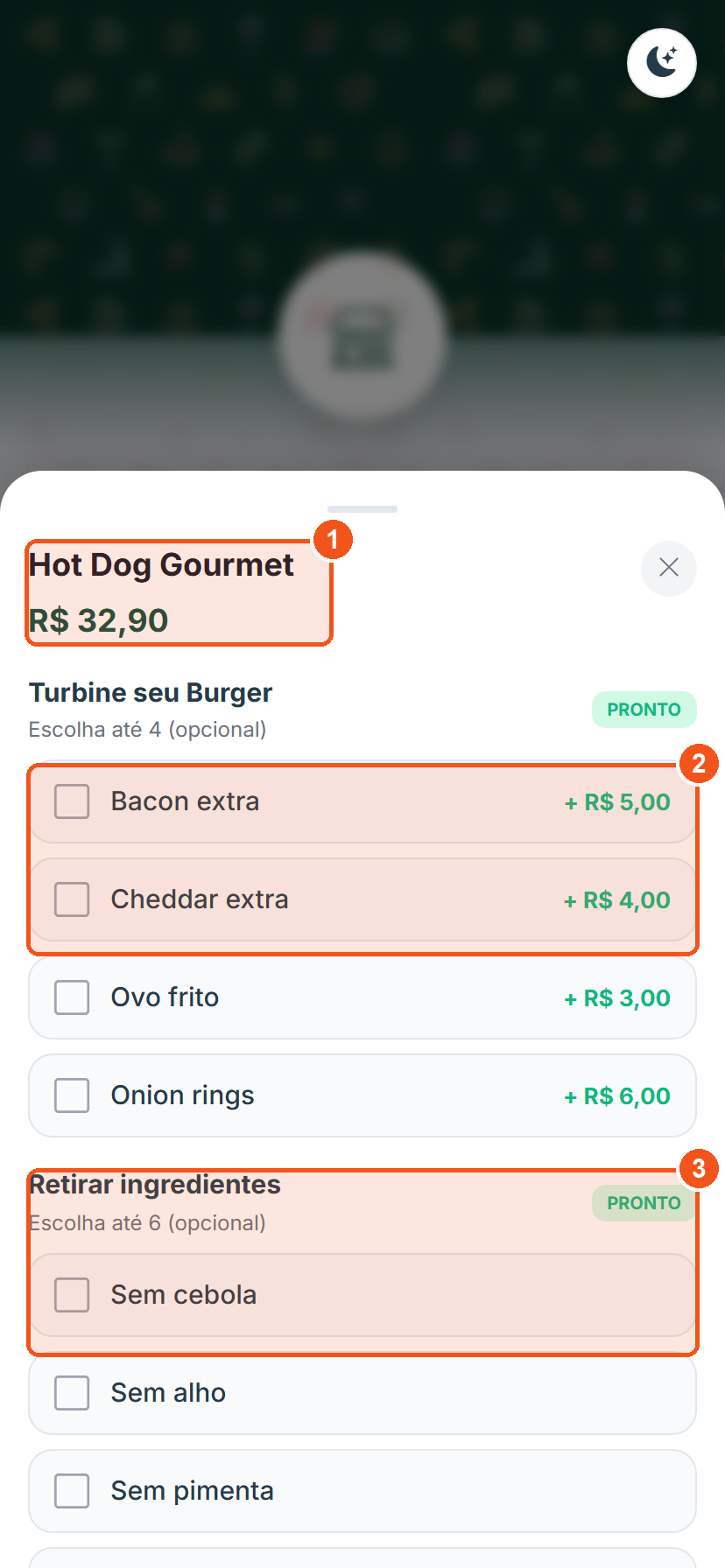 Tela do item Hot Dog Gourmet com adicionais e opção de retirar ingredientes
