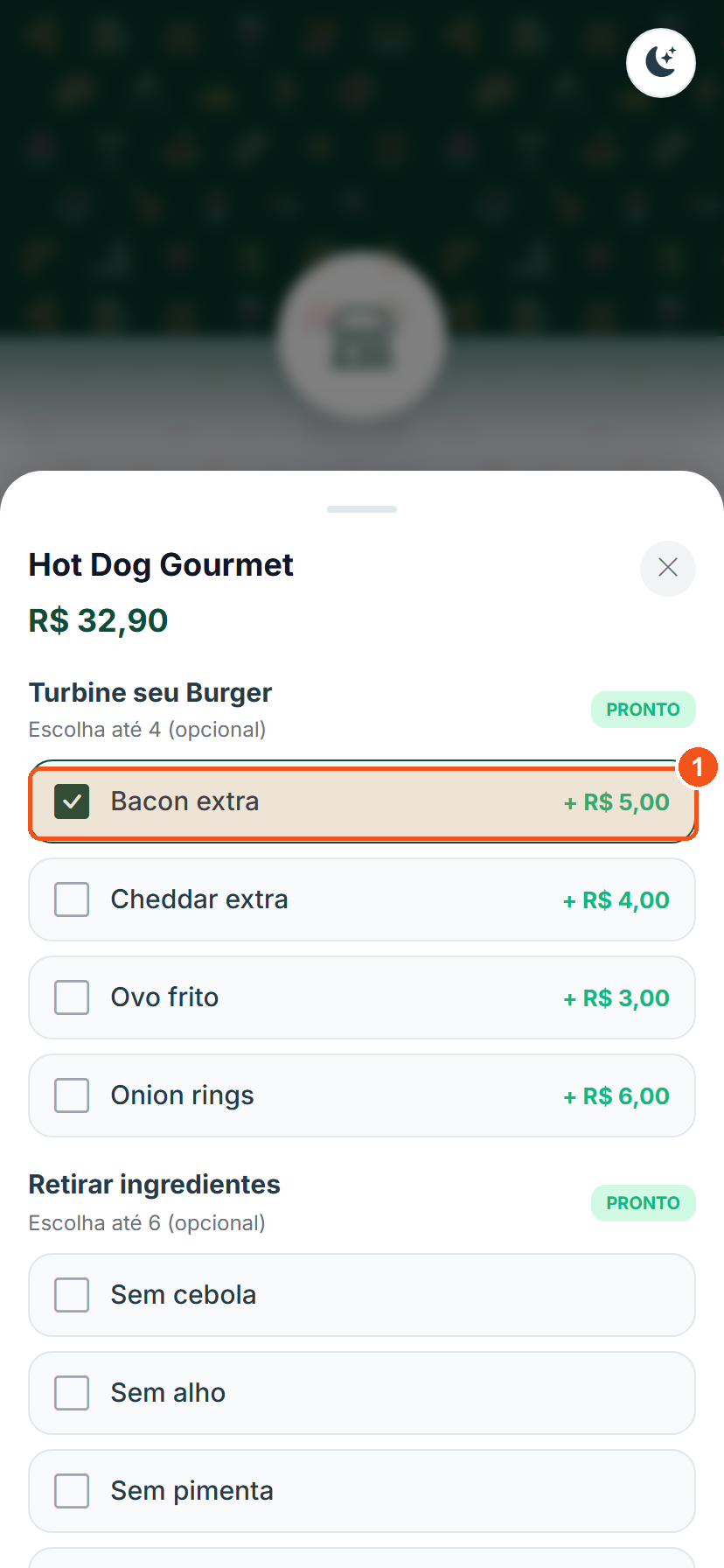 Adicional Bacon extra marcado, destacado em verde