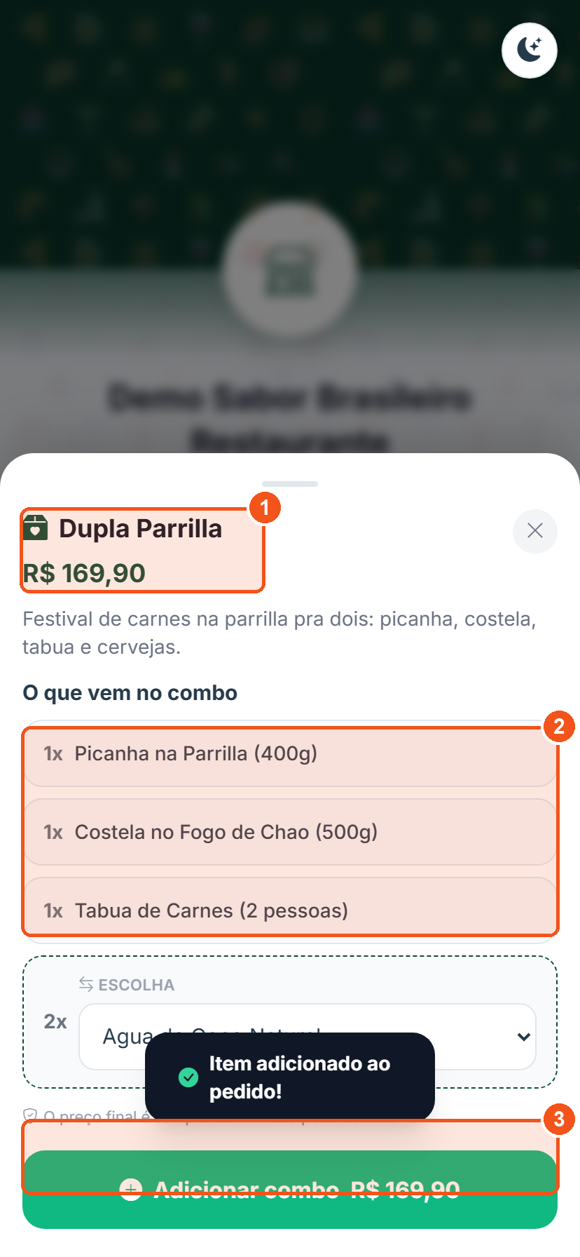 Combo Dupla Parrilla com os itens incluídos e o botão Adicionar combo