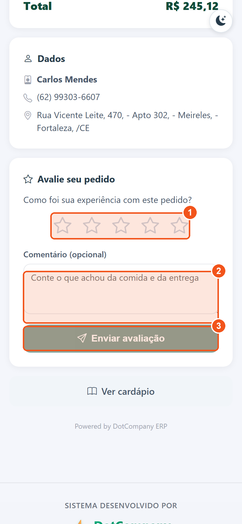 Bloco Avalie seu pedido com estrelas, comentário e botão Enviar avaliação
