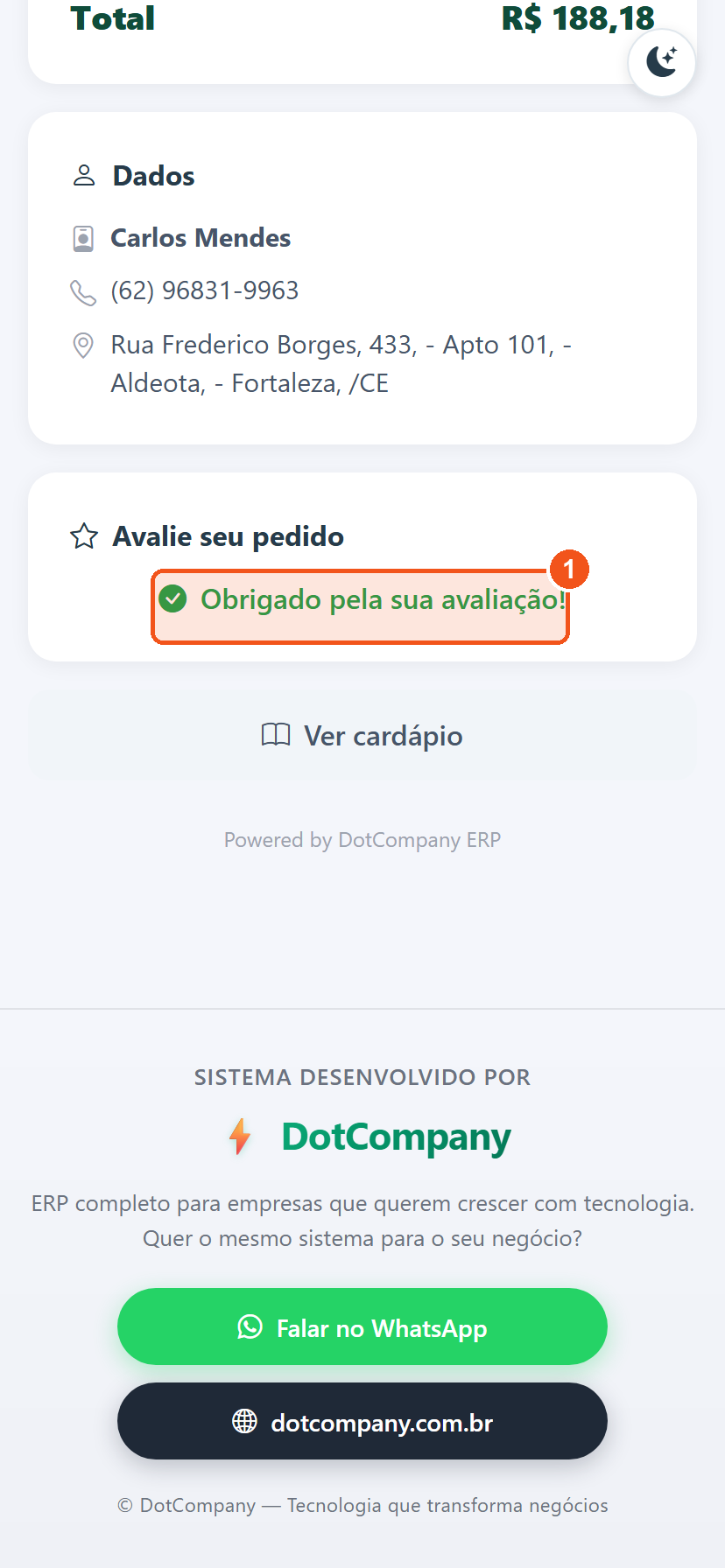 Mensagem Obrigado pela sua avaliação