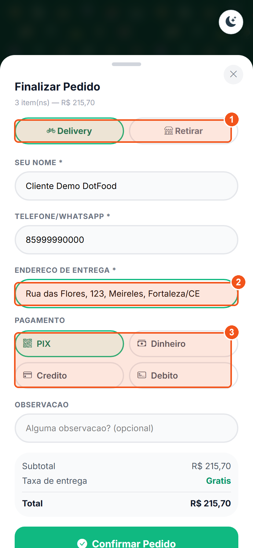 Tela Finalizar Pedido com Delivery, endereço e formas de pagamento