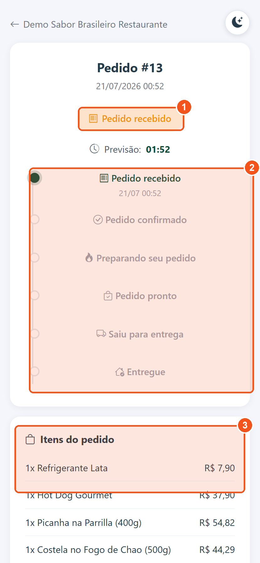 Página de acompanhamento com status, linha do tempo e itens do pedido