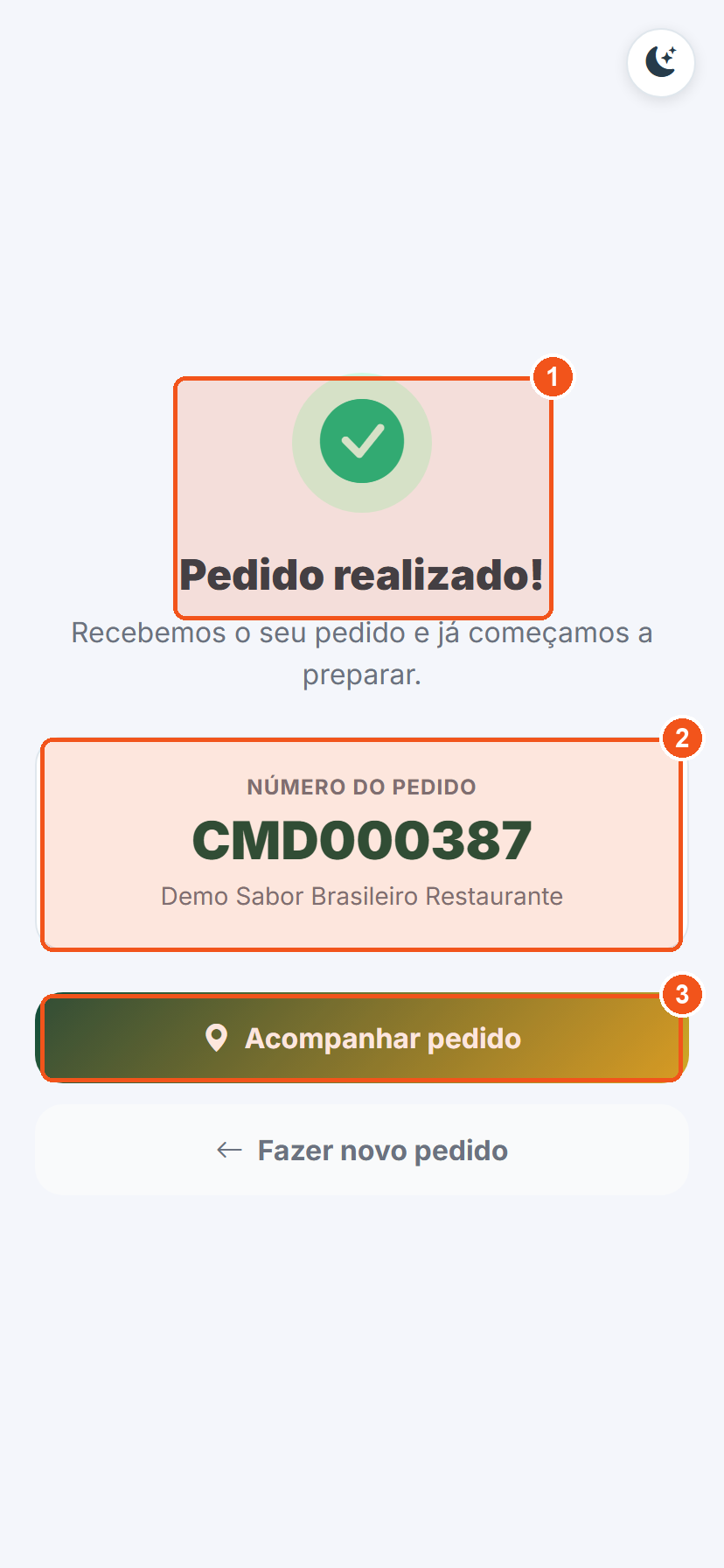 Tela Pedido realizado com número do pedido e botão Acompanhar pedido