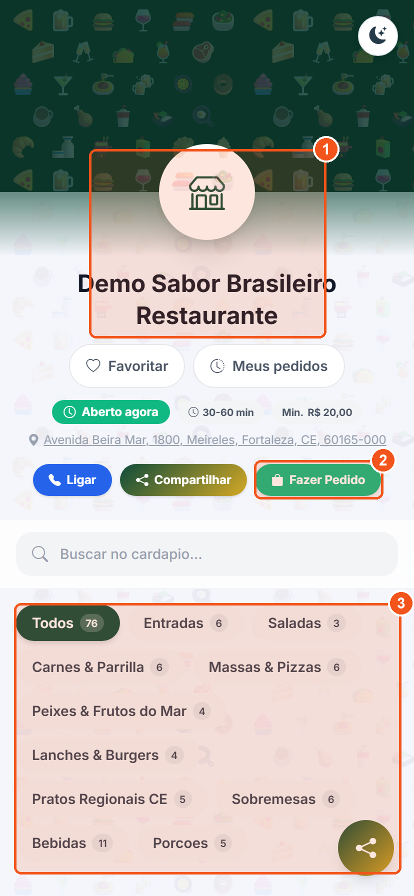 Cardápio no celular com a marca do restaurante e o botão Fazer Pedido