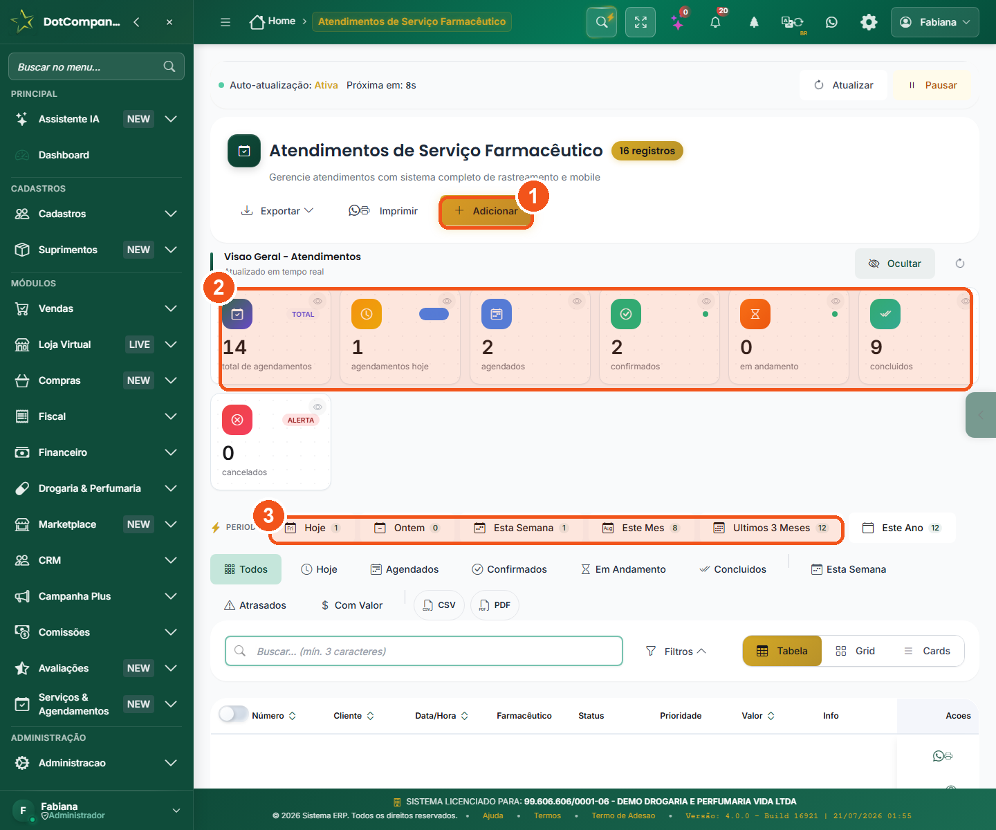 Agenda de atendimentos de serviço farmacêutico com cartões de resumo e filtros de período