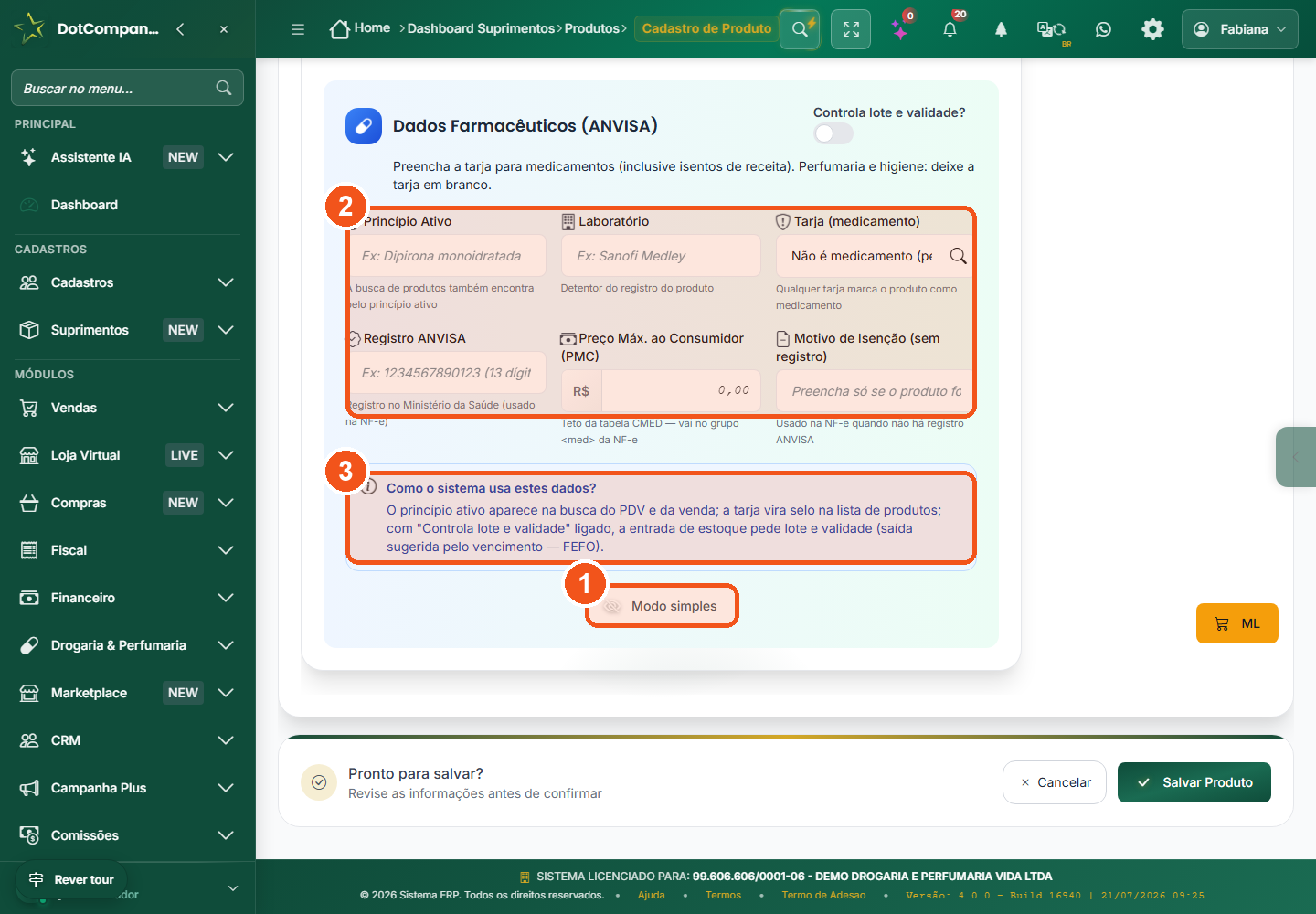 Seção Dados Farmacêuticos ANVISA com o botão Modo simples para esconder os campos avançados