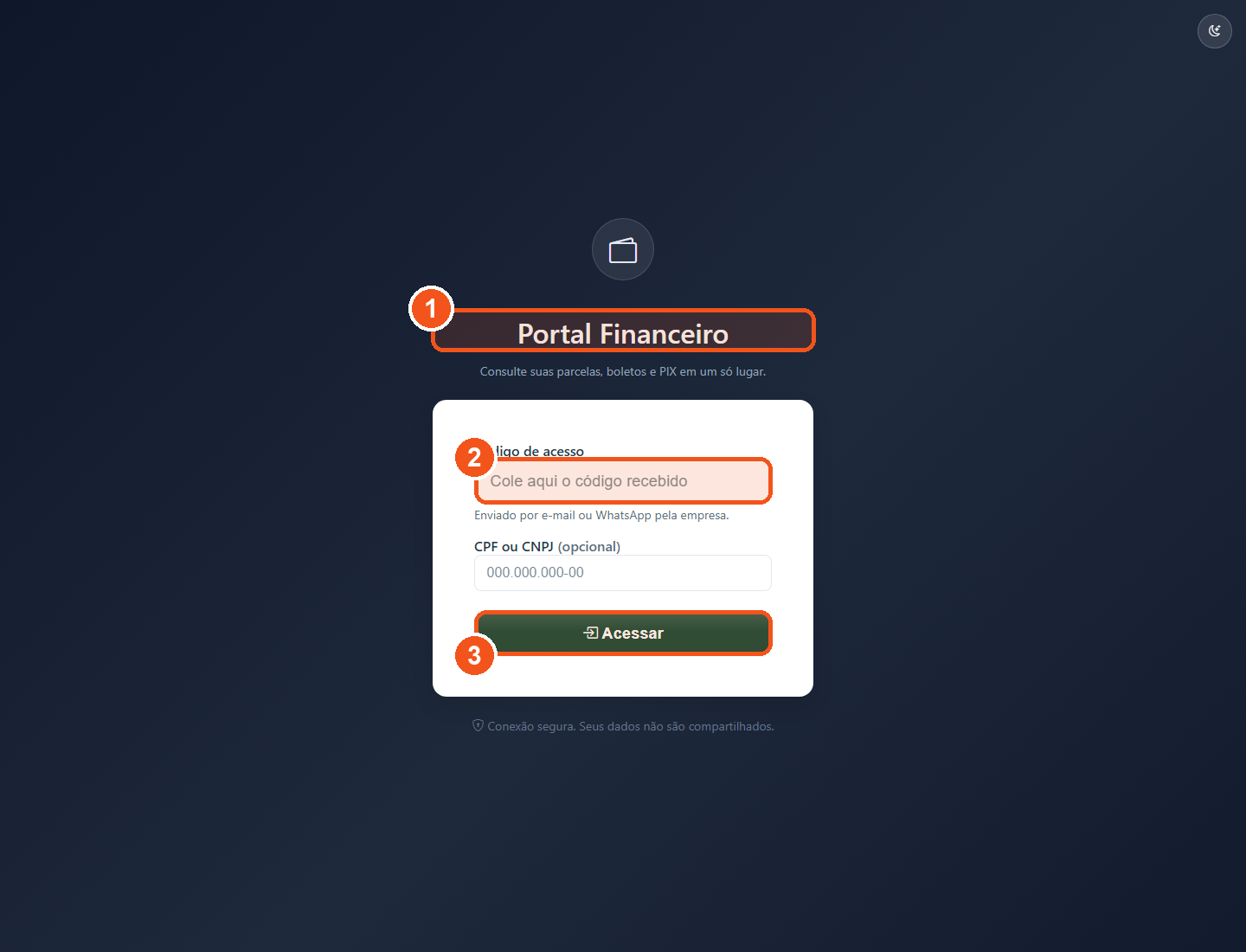 Tela Portal Financeiro onde o cliente cola o código de acesso e clica em Acessar