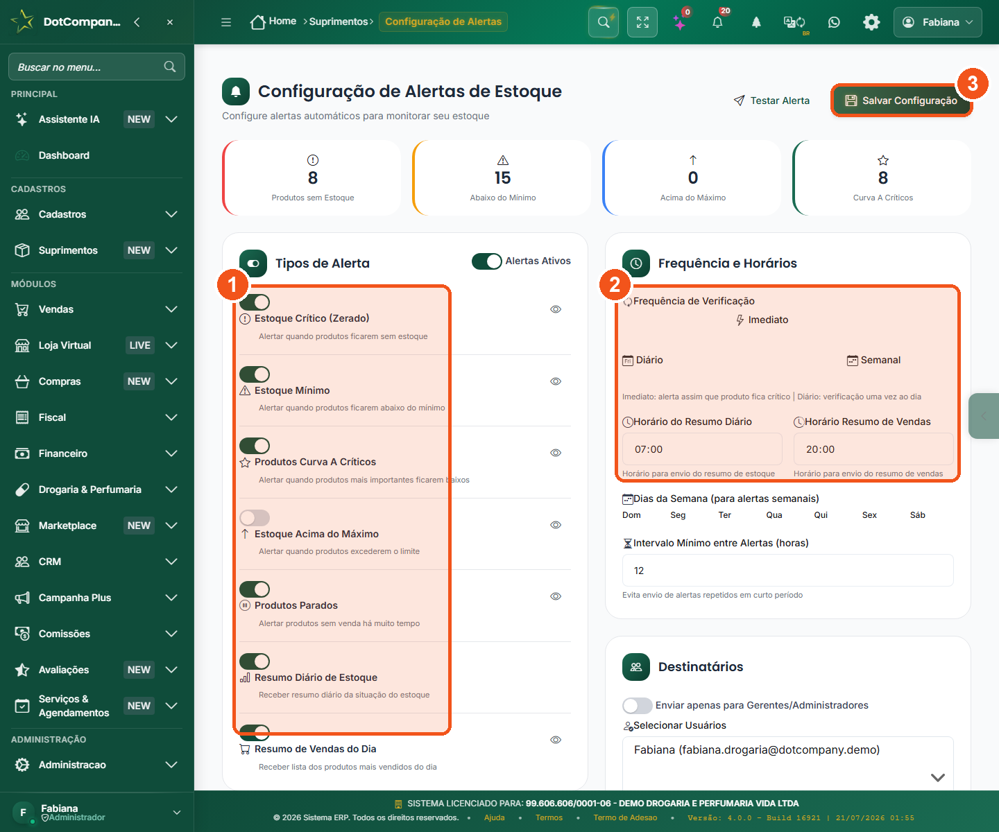 Configuração de alertas de estoque com tipos de alerta, frequência, horários e salvar