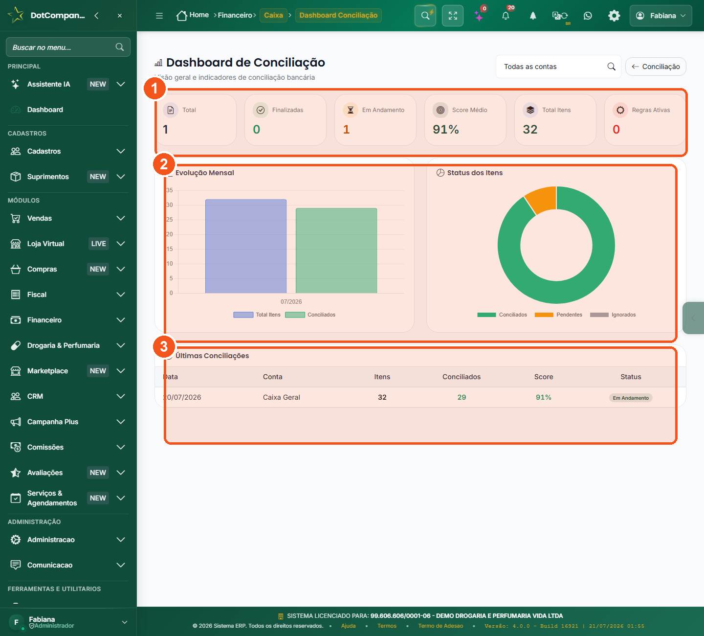 Dashboard de conciliação bancária com indicadores, gráficos e últimas conciliações