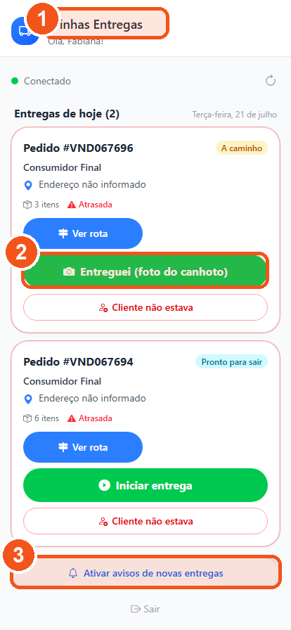 App do entregador no celular com a lista de entregas do dia e o botão Entreguei foto do canhoto