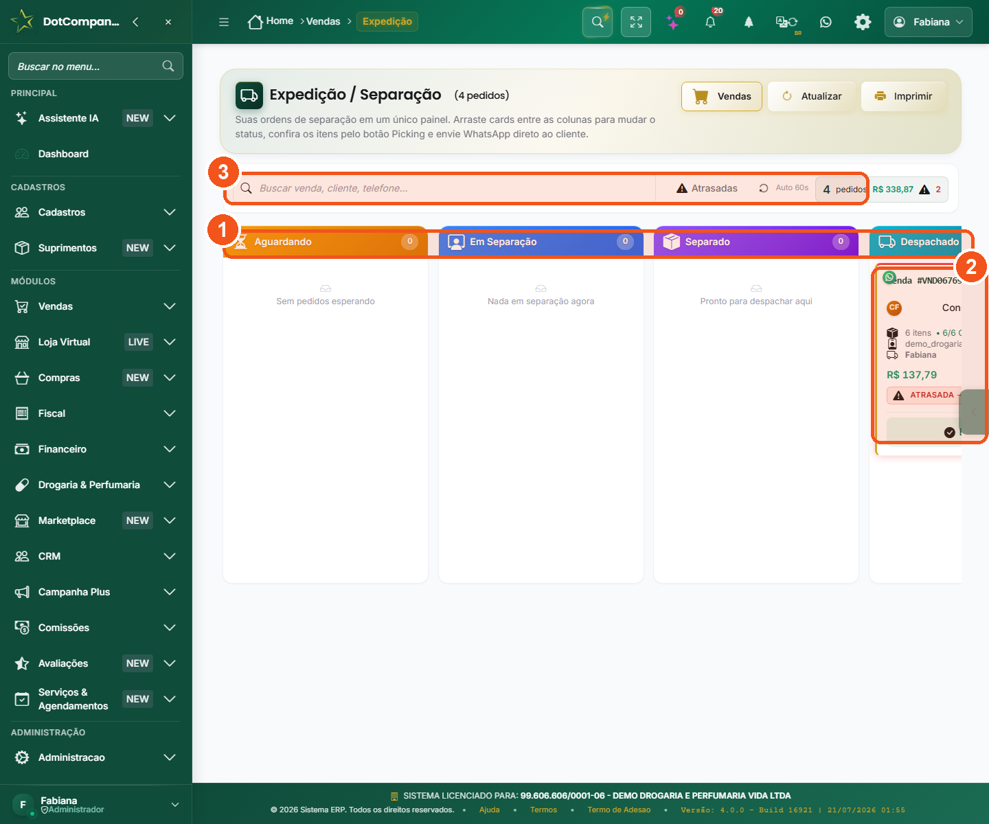 Quadro Kanban de expedição com colunas Aguardando, Em Separação, Separado e Despachado