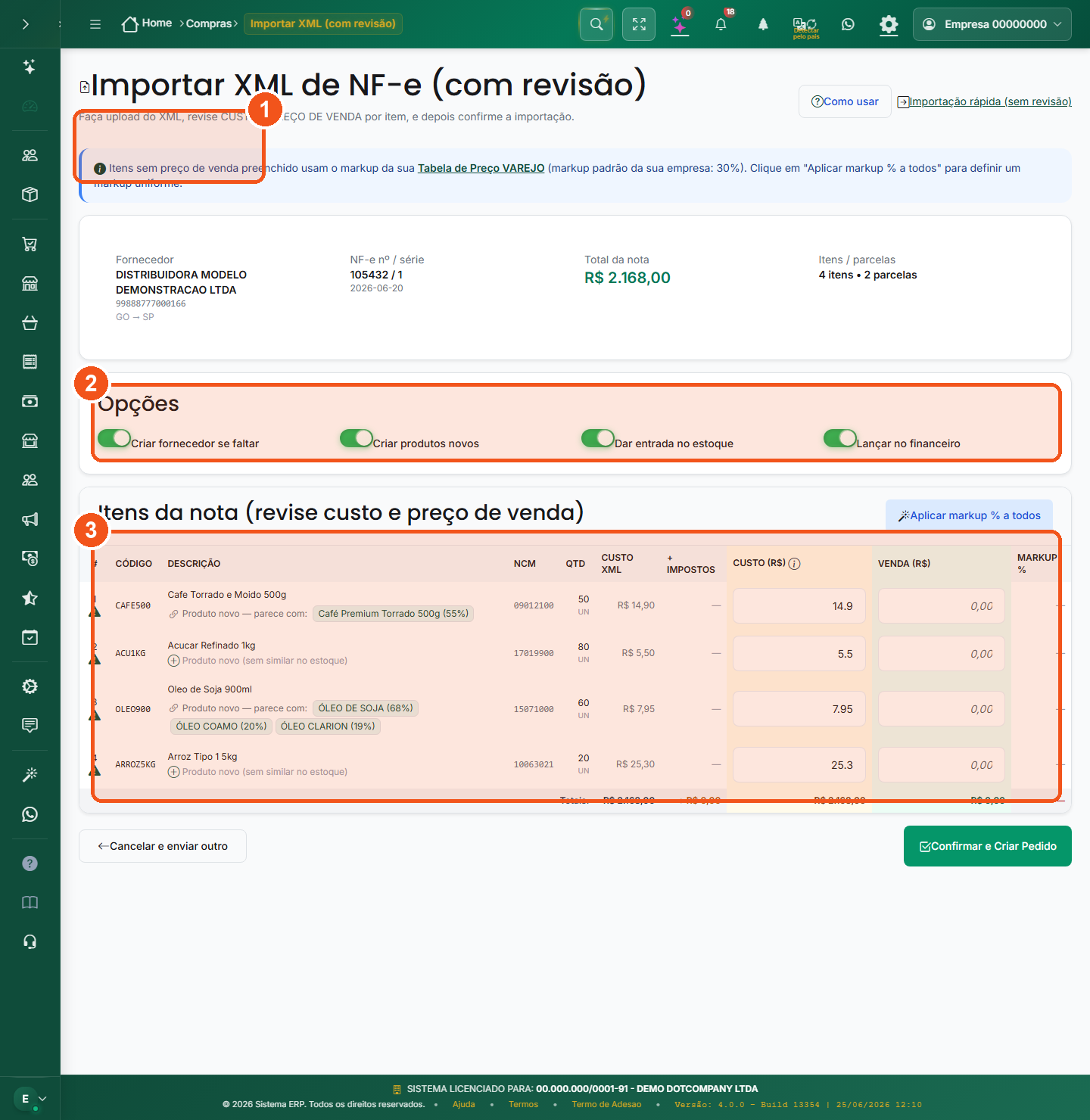 Tela de importar a nota com as opções de fornecedor, estoque e financeiro e a tabela de itens