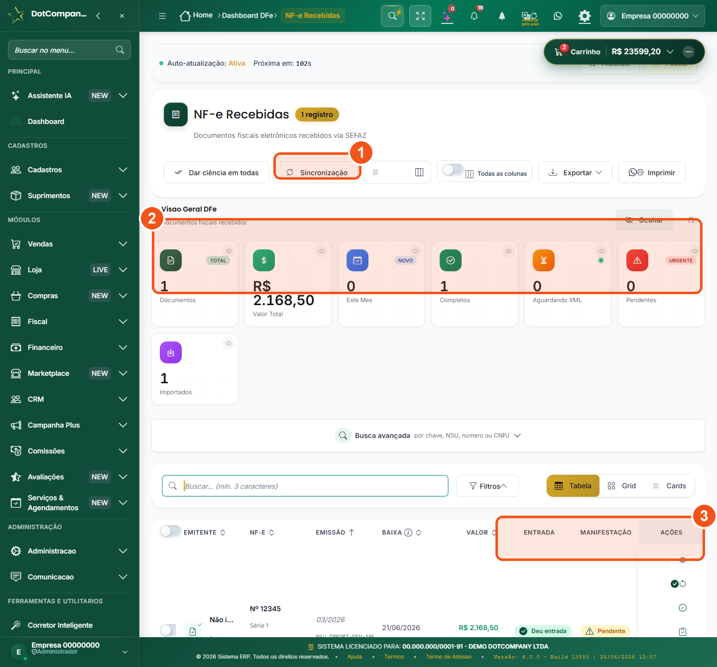 Tela NF-e Recebidas com a lista de notas baixadas da SEFAZ