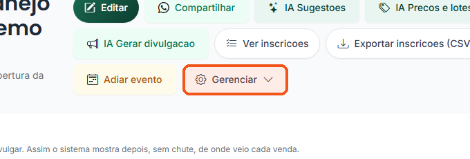 Na página do evento, abra Gerenciar e clique em Convites e Cortesias.