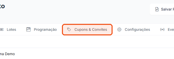 Abra o evento em Editar e clique na aba Cupons & Convites.