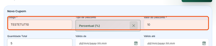 Digite o Código, escolha o Tipo de Desconto e o Valor do Desconto.