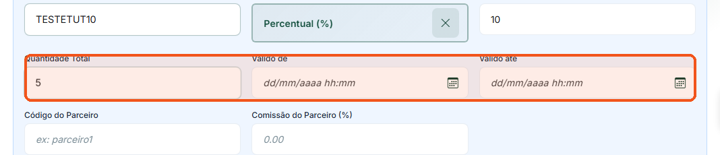Em Quantidade Total, diga quantas vezes o cupom pode ser usado.