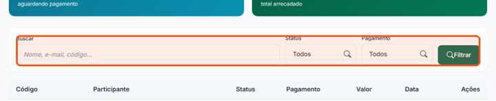 Digite o nome, e-mail ou código em Buscar e clique em Filtrar.