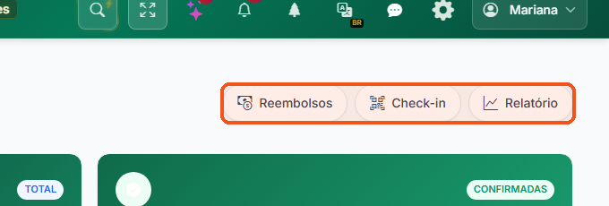 Use Reembolsos, Check-in e Relatório para trocar de tela.