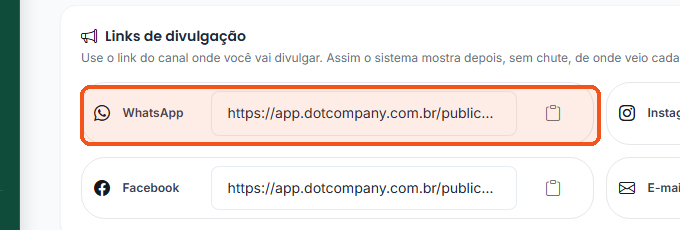 Em Links de divulgação, clique no ícone de copiar ao lado de WhatsApp.