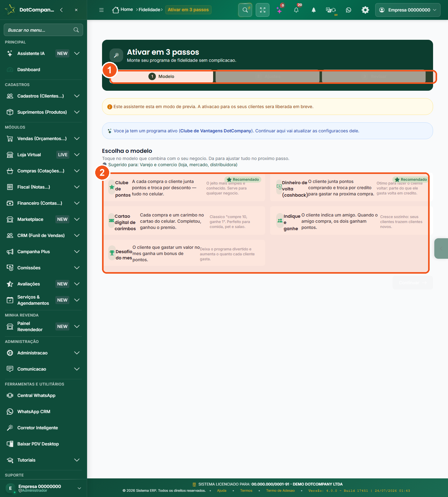 Assistente Ativar em 3 passos com a galeria de modelos de fidelidade